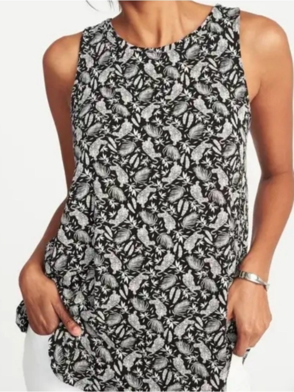 Old Navy Black & White Floral Tiger Print Sleeveless Lux Tank XL